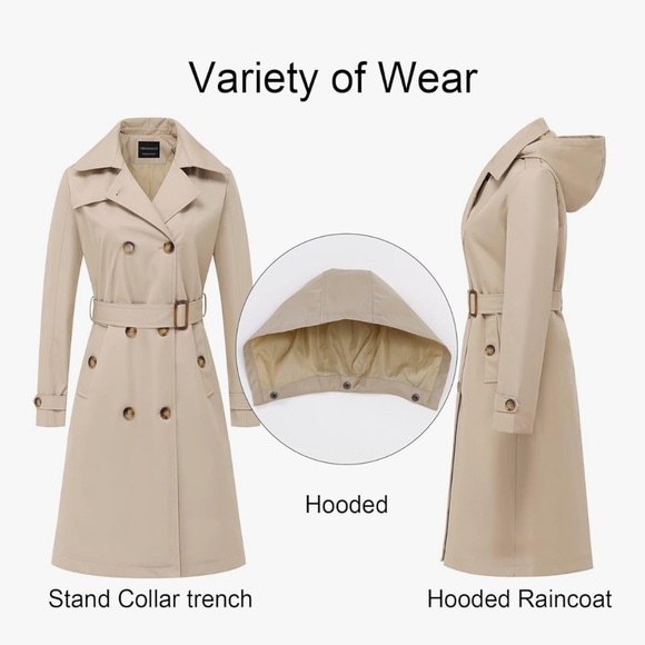 Creatmo Trench Coat Double-Breasted Classic Lapel Belted Outerwear Hooded Rain - Picture 5 of 9